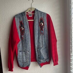 Red and Denim Southwestern Embroidered Jacket